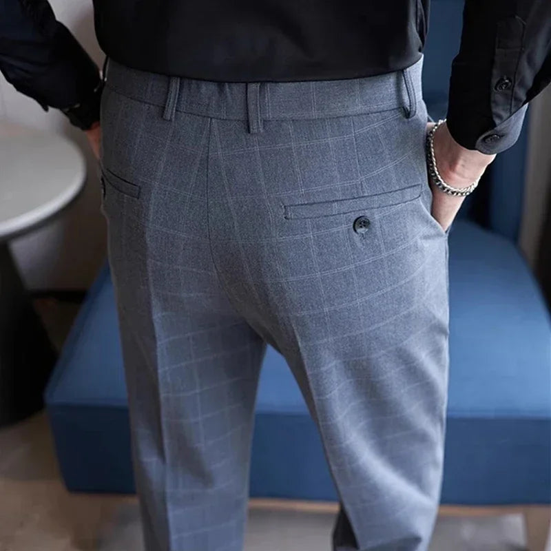 Gray Plaid Suit Pants Men, Fashion Slim Streaks Trousers Korean Navy Blue Pantalones Hombre, 28-32,33,34,36,38 Male Pant