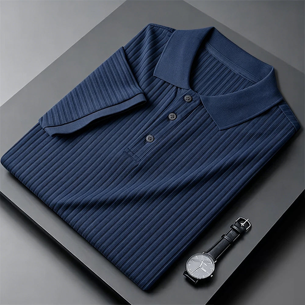 Men's Short Sleeve Polo Shirt Summer Ice Silk Lightweight T-shirt Solid Color Fashion Pit-striped Casual Simple Style Tops