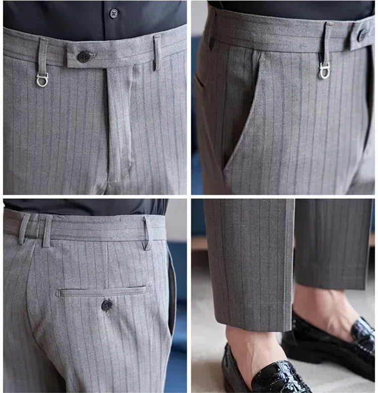 Gray Plaid Suit Pants Men, Fashion Slim Streaks Trousers Korean Navy Blue Pantalones Hombre, 28-32,33,34,36,38 Male Pant