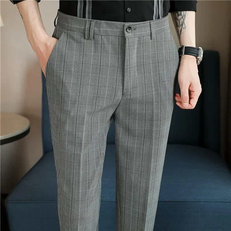 Gray Plaid Suit Pants Men, Fashion Slim Streaks Trousers Korean Navy Blue Pantalones Hombre, 28-32,33,34,36,38 Male Pant