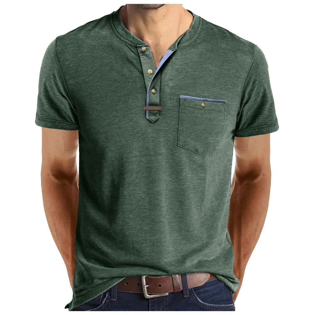 Men'S Short Sleeved T-Shirt Casual Round Neck Button Down Bottoming Shirt With Pocket Pullover Vintage Washed T-Shirt For Male