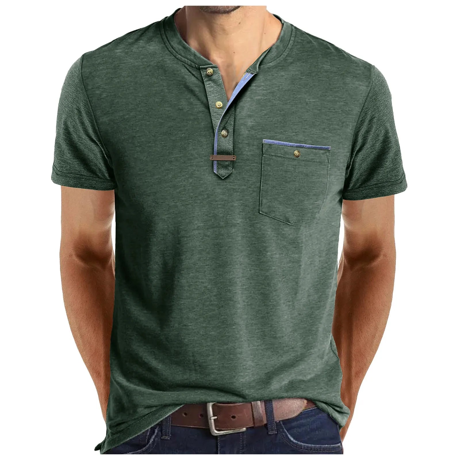 Men'S Short Sleeved T-Shirt Casual Round Neck Button Down Bottoming Shirt With Pocket Pullover Vintage Washed T-Shirt For Male