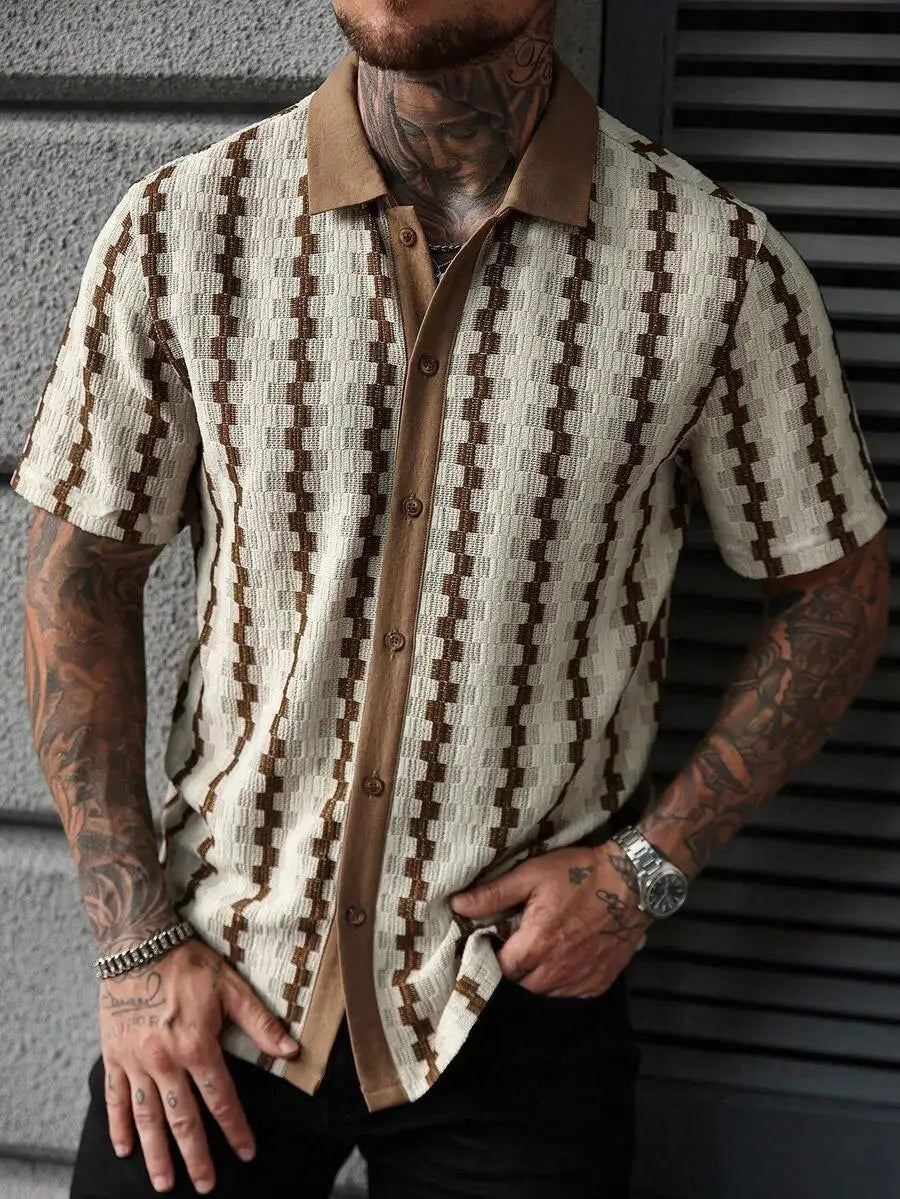 Casual Short Sleeve Knitted Shirt With Turn-Down Collar Geometric Pattern Men