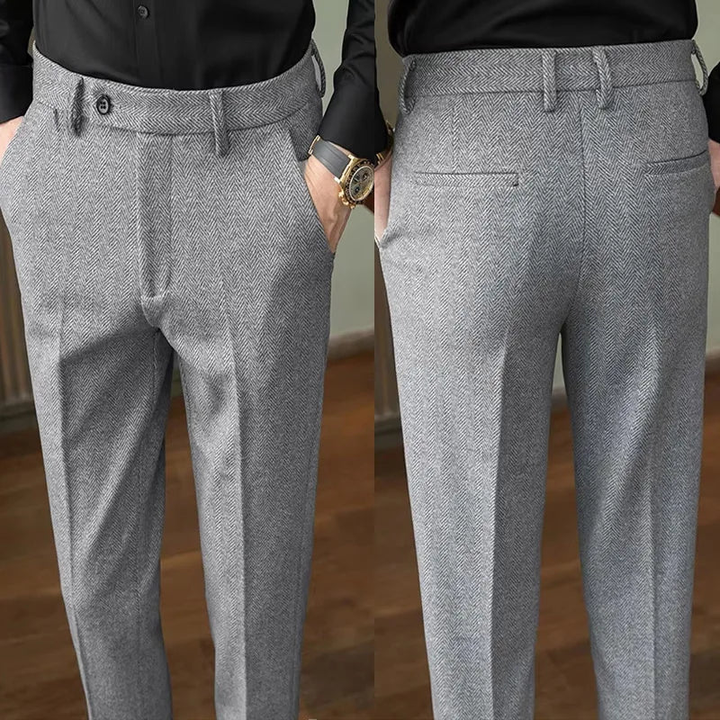Autumn Winter Man Elastic Pants Knitted Herringbone Straight Leg Trousers Business Casual Banquet Men's Suit Pants
