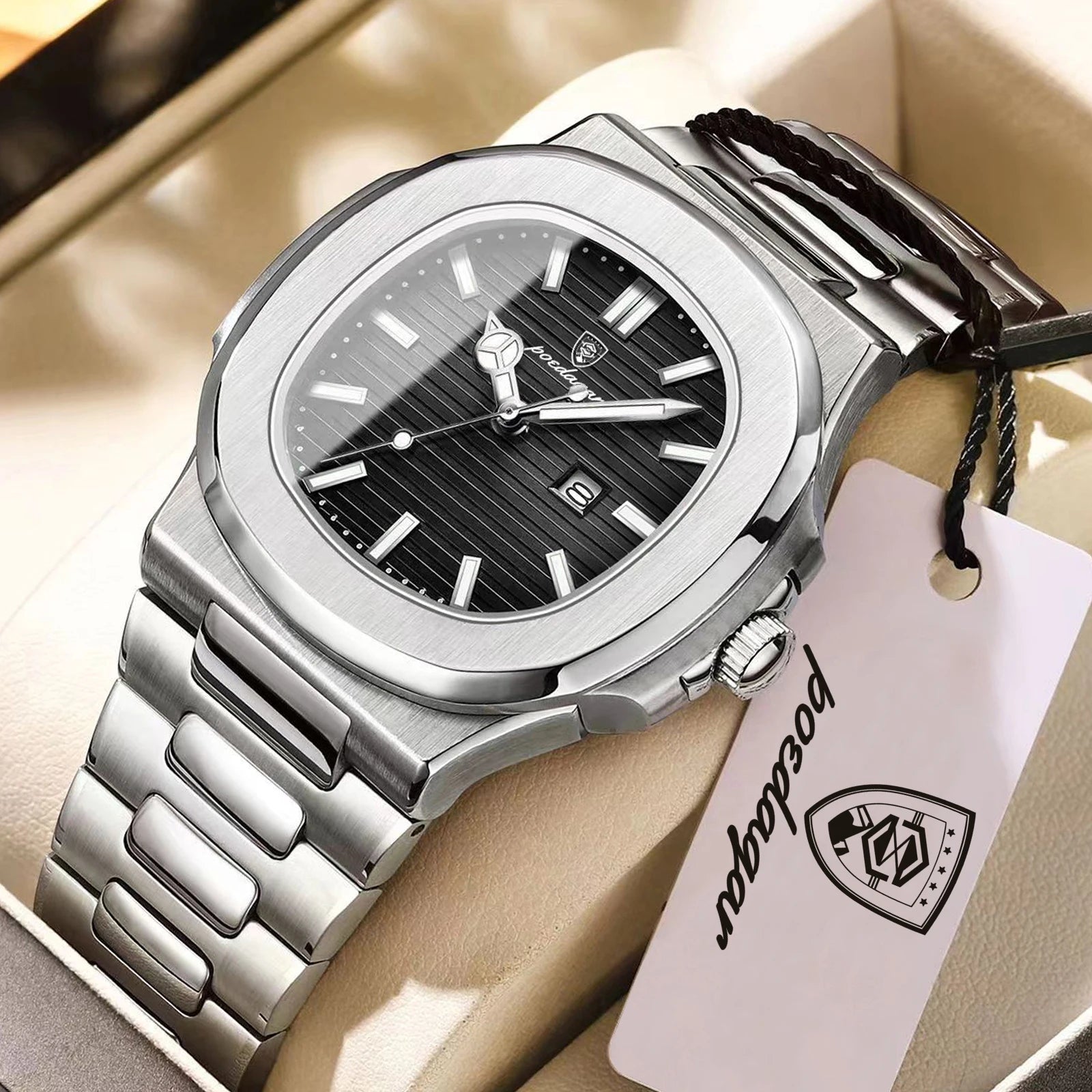 POEDAGAR Luxury Square Men Wristwatch Waterproof Luminous Date Stainless Steel Sports Male Clock Business Quartz Watches For Men