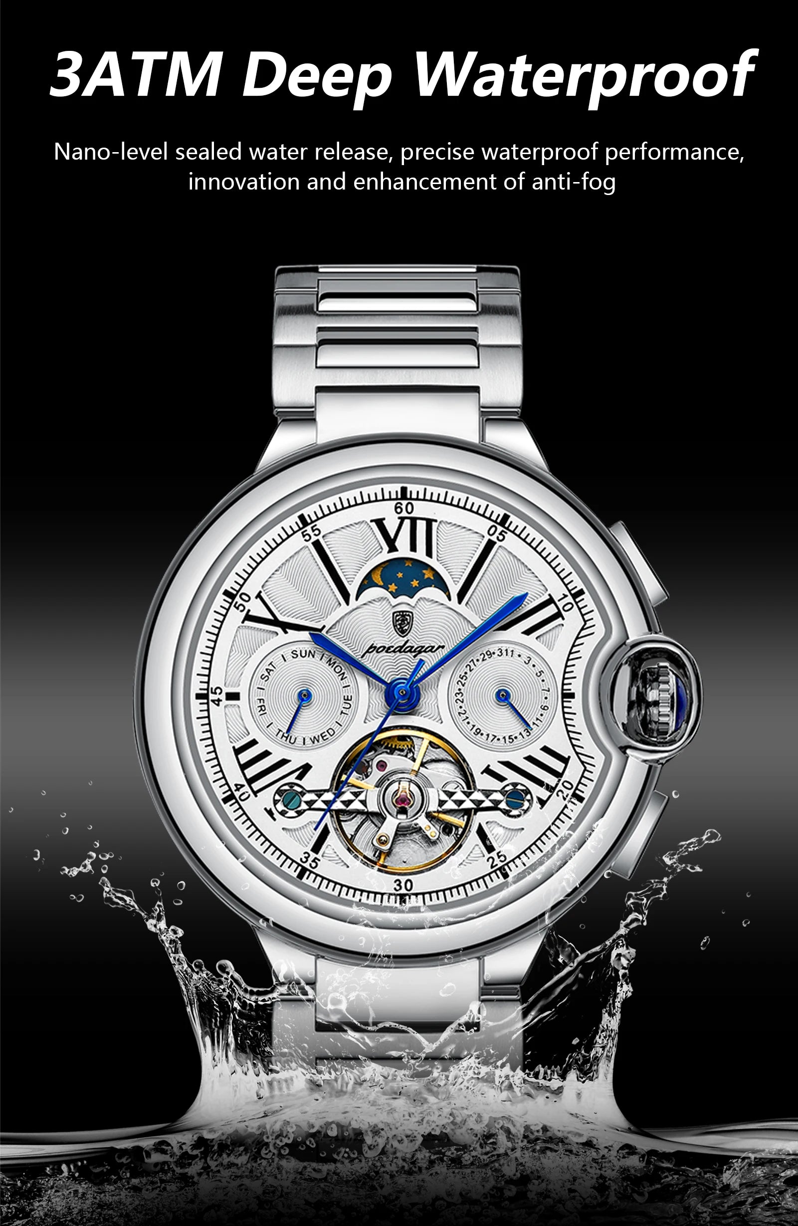 POEDAGAR Luxury Male Clock Date Week Stainless Steel Tourbillon Men Watch Waterproof Automatic Mechanical Business Men's Watches
