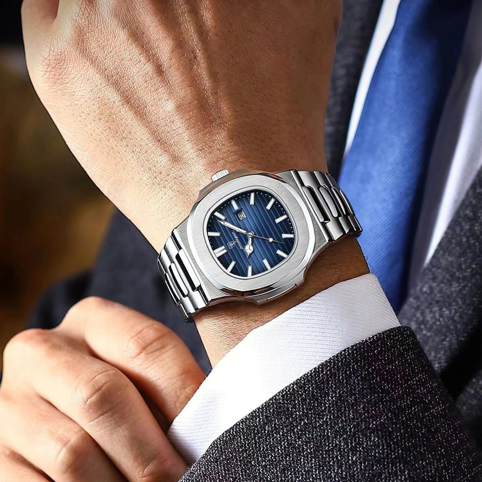 POEDAGAR Luxury Square Men Wristwatch Waterproof Luminous Date Stainless Steel Sports Male Clock Business Quartz Watches For Men