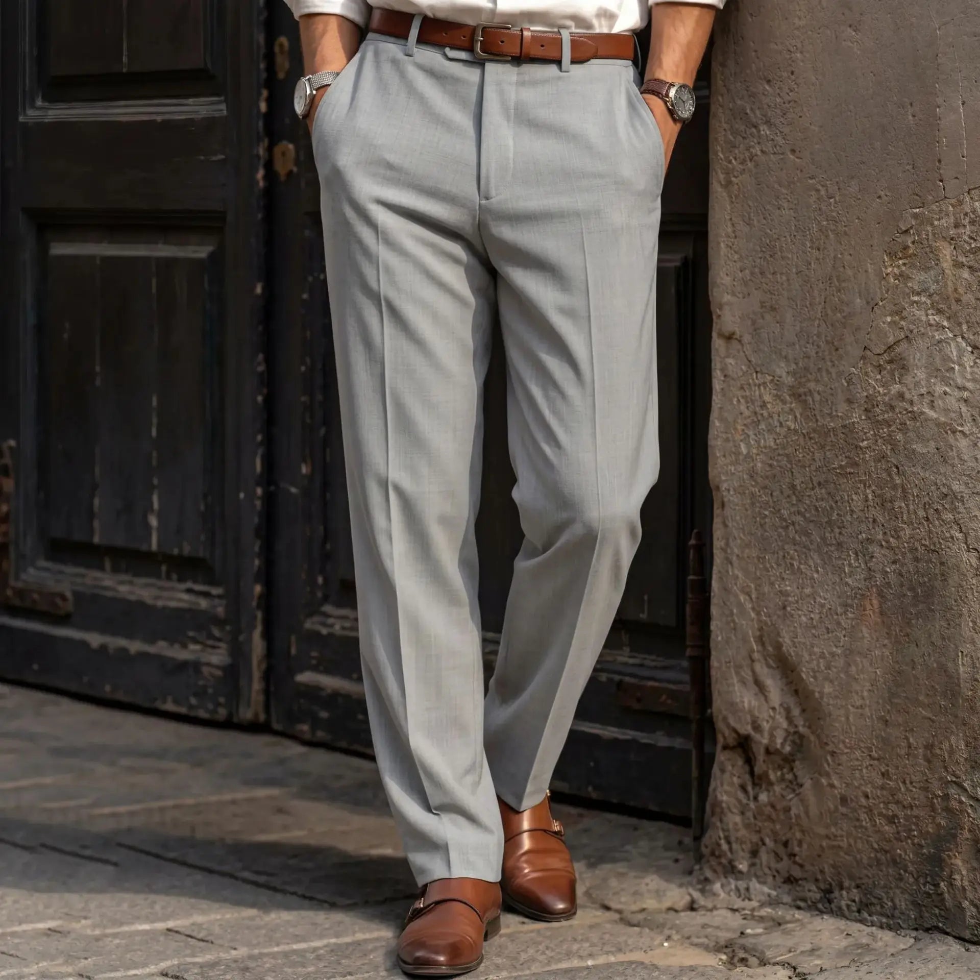 Spring and Summer Men's Solid Color Slim-Fitting Breathable Pants - Fashionable Business Casual Straight-Tee Commuting Pants