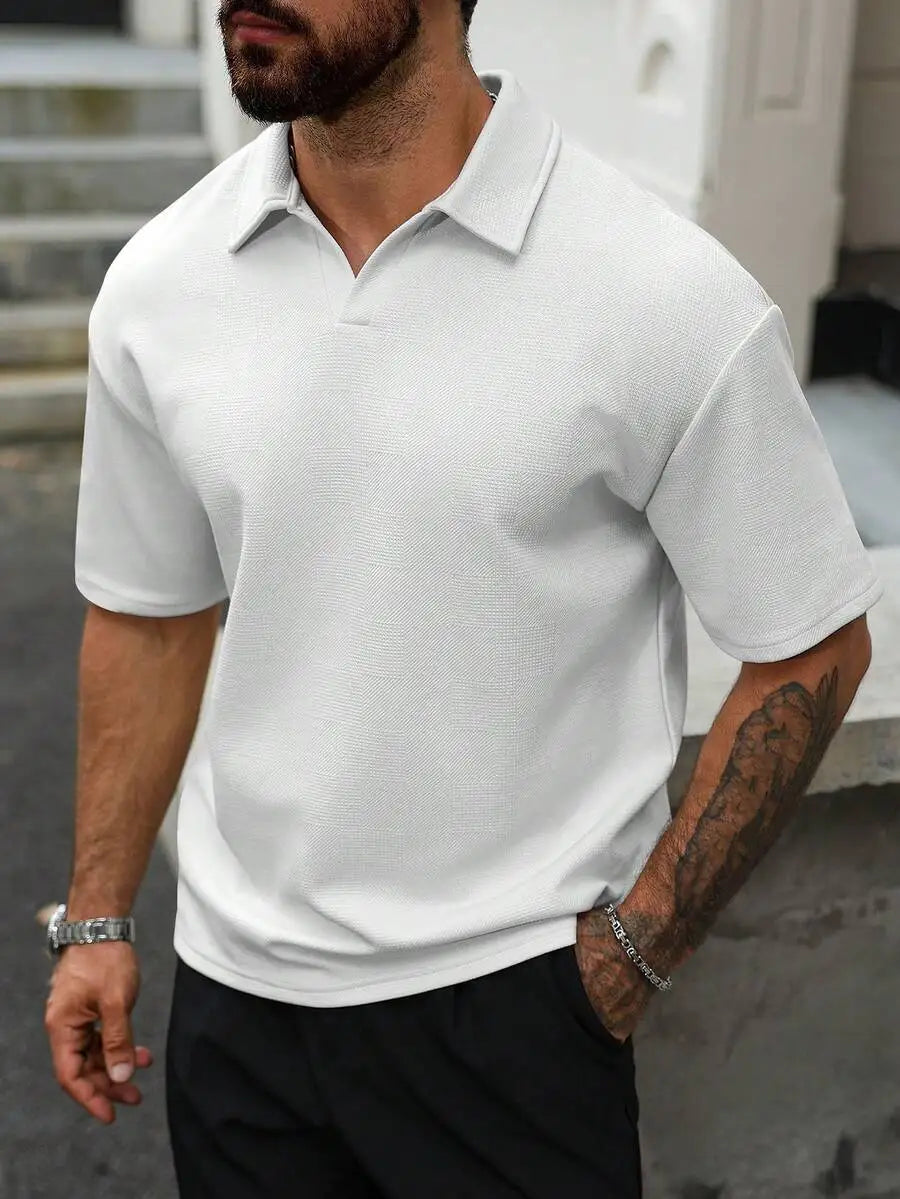 Men's Textured Short Sleeve Casual Polo Shirt in Off-White