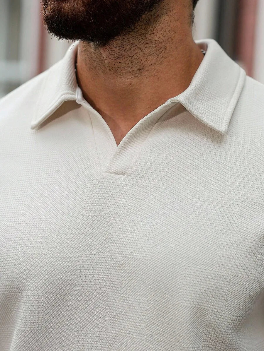 Men's Textured Short Sleeve Casual Polo Shirt in Off-White