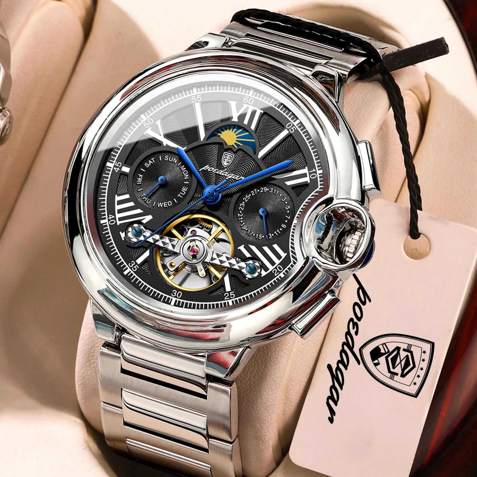 POEDAGAR Luxury Male Clock Date Week Stainless Steel Tourbillon Men Watch Waterproof Automatic Mechanical Business Men's Watches