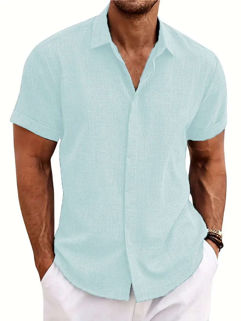 New men's solid color short-sleeved shirt Summer solid color lapel casual beach style cardigan polyester shirt