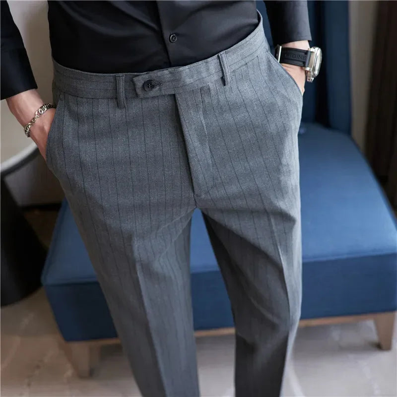 Gray Plaid Suit Pants Men, Fashion Slim Streaks Trousers Korean Navy Blue Pantalones Hombre, 28-32,33,34,36,38 Male Pant