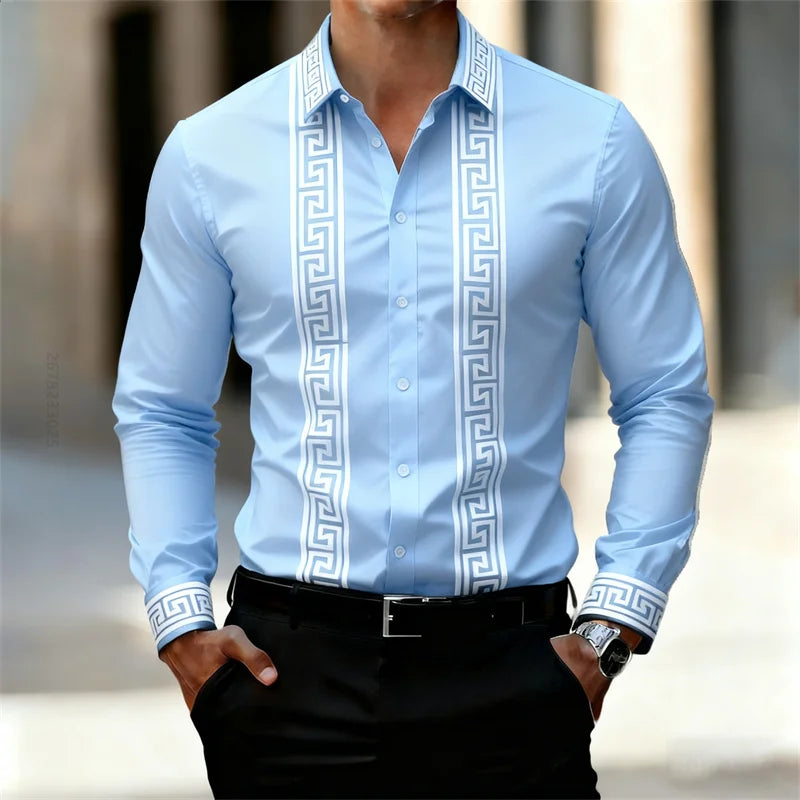Men's Retro Geometric Print Shirt, Stylish Long-Sleeve Black Shirt, Business Casual Men's Top, Multiple Colors Available, XS-6XL