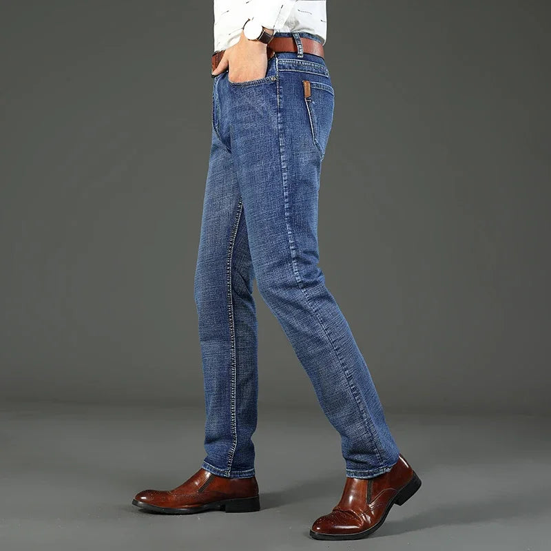 WTHINLEE Business Men's Jeans Casual Straight Stretch Fashion Classic Blue Work Denim Trousers Male Brand Clothing Size 28-40