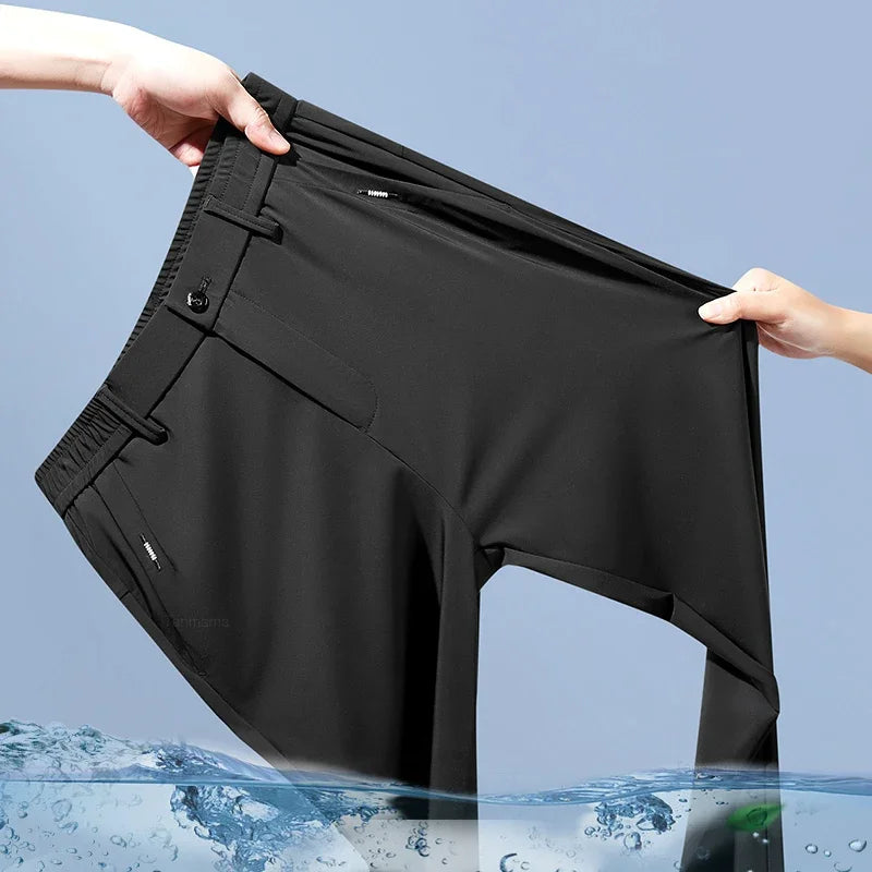 Ultra-thin Elastic Men's Casual Trousers Summer Quick-drying Ice Silk Slim Straight Business Solid Color Trousers Black Gray