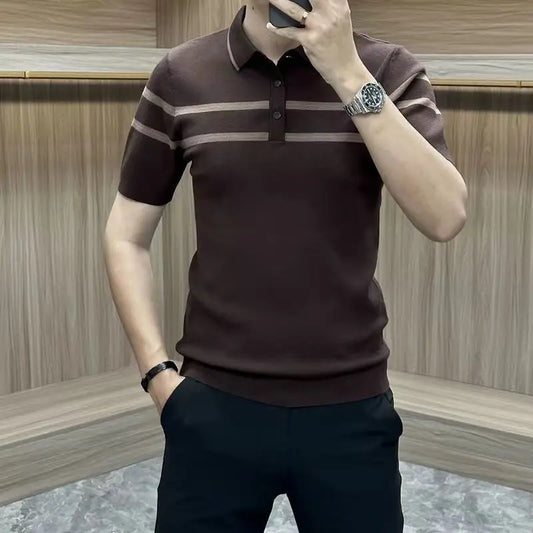 Summer New Striped Collar Men's Short Sleeve T-Shirt Trendy Fashion Slim Fit Knitted Collar Polo Shirt