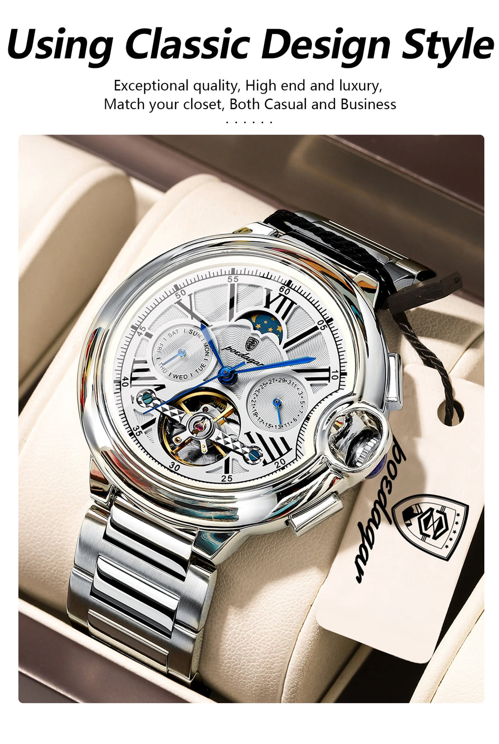 POEDAGAR Luxury Male Clock Date Week Stainless Steel Tourbillon Men Watch Waterproof Automatic Mechanical Business Men's Watches