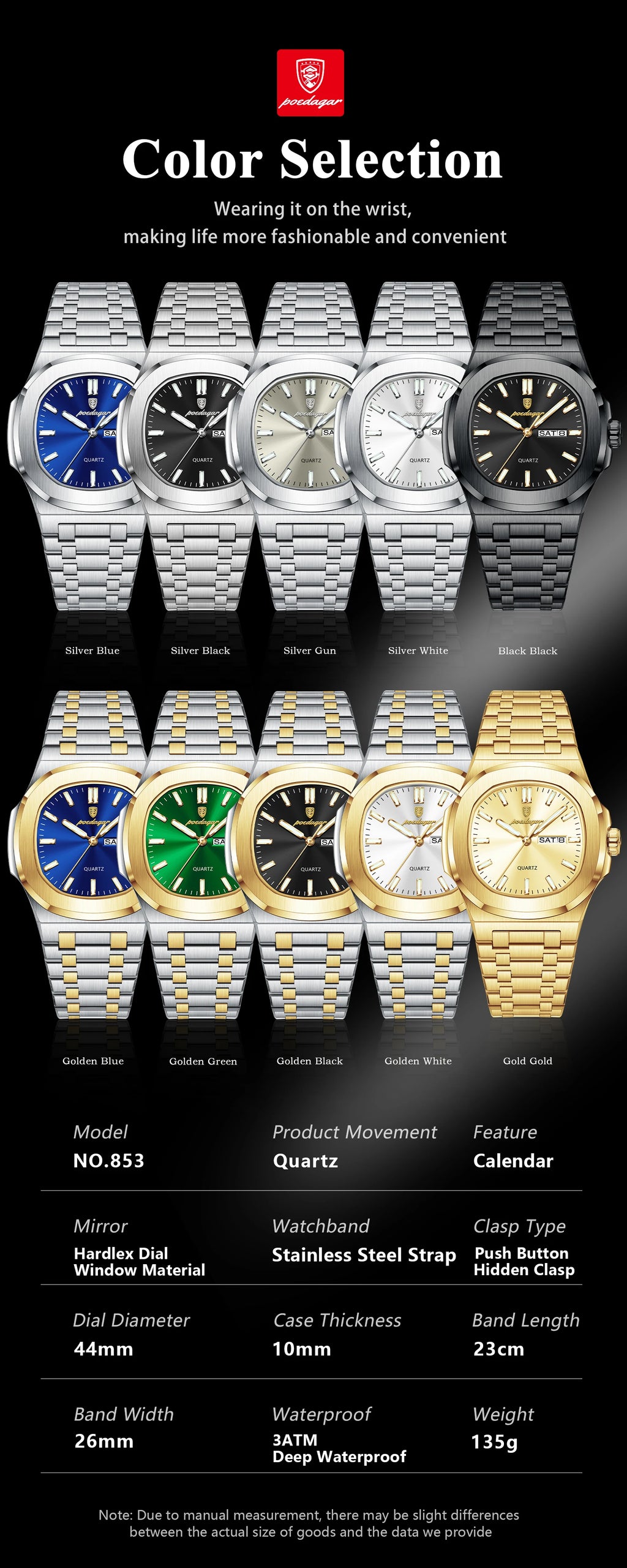 POEDAGAR Square Luxury Men Clock Waterproof Luminous Date Week Quartz Man Wristwatch Stainless Steel Fashion Men's Watches Reloj