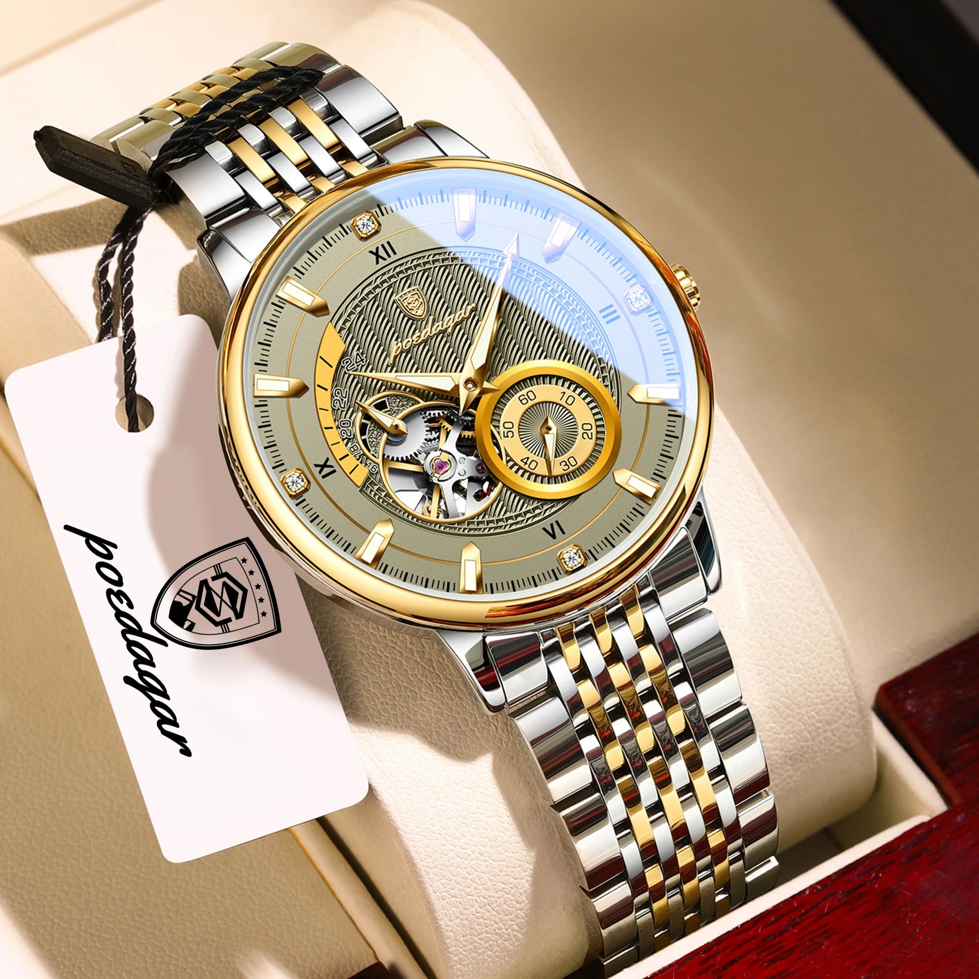 POEDAGAR Luxury Male Clock Date Week Stainless Steel Tourbillon Men Watch Waterproof Automatic Mechanical Business Men's Watches