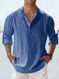 Men's Linen Stand Collar Long Sleeve T-Shirt Loose Fit; Solid Color Long Sleeve Cotton Linen Shirt