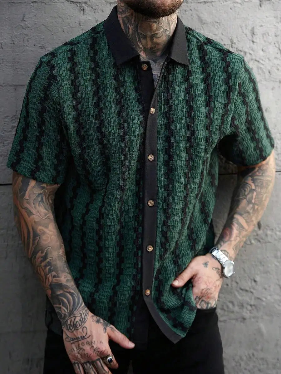 Casual Short Sleeve Knitted Shirt With Turn-Down Collar Geometric Pattern Men