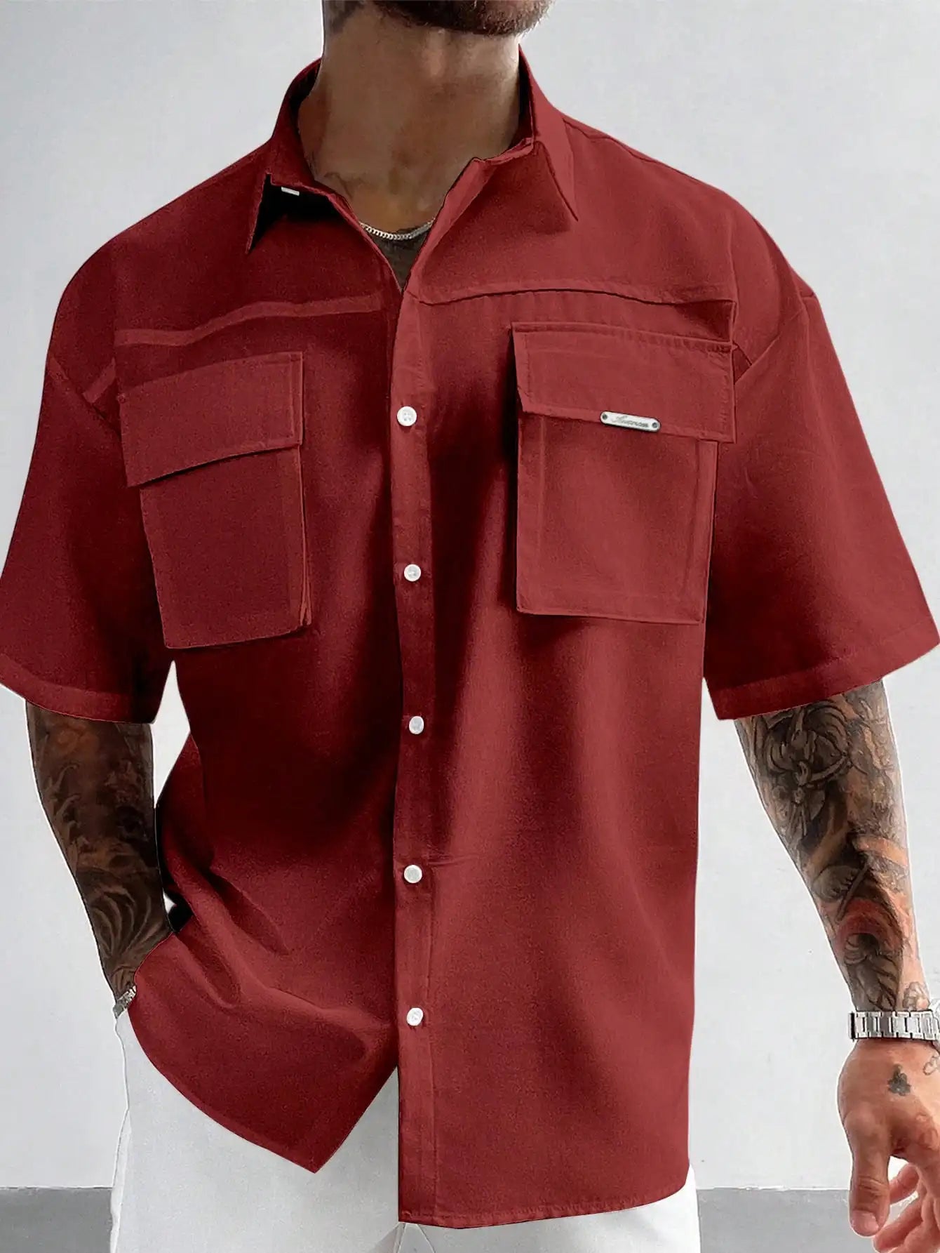 Men's White Short Sleeve Loose Fit Cargo Shirt with Front Pockets