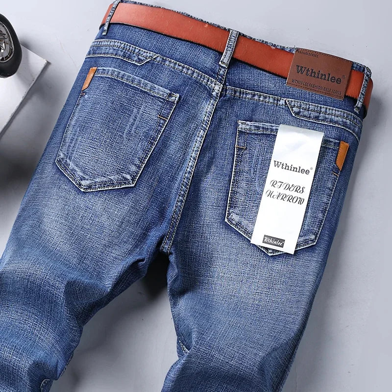 WTHINLEE Business Men's Jeans Casual Straight Stretch Fashion Classic Blue Work Denim Trousers Male Brand Clothing Size 28-40