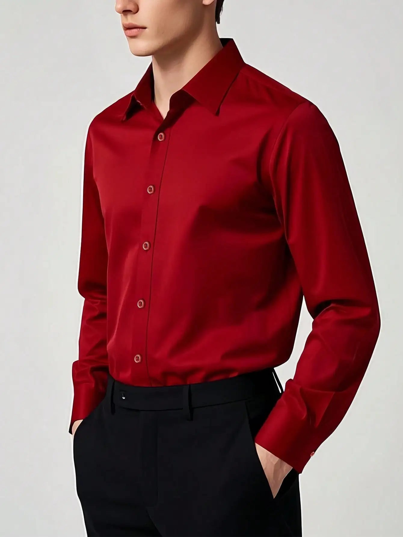 Men's Solid Red Long Sleeve Formal Dress Shirt for Business Office Wear