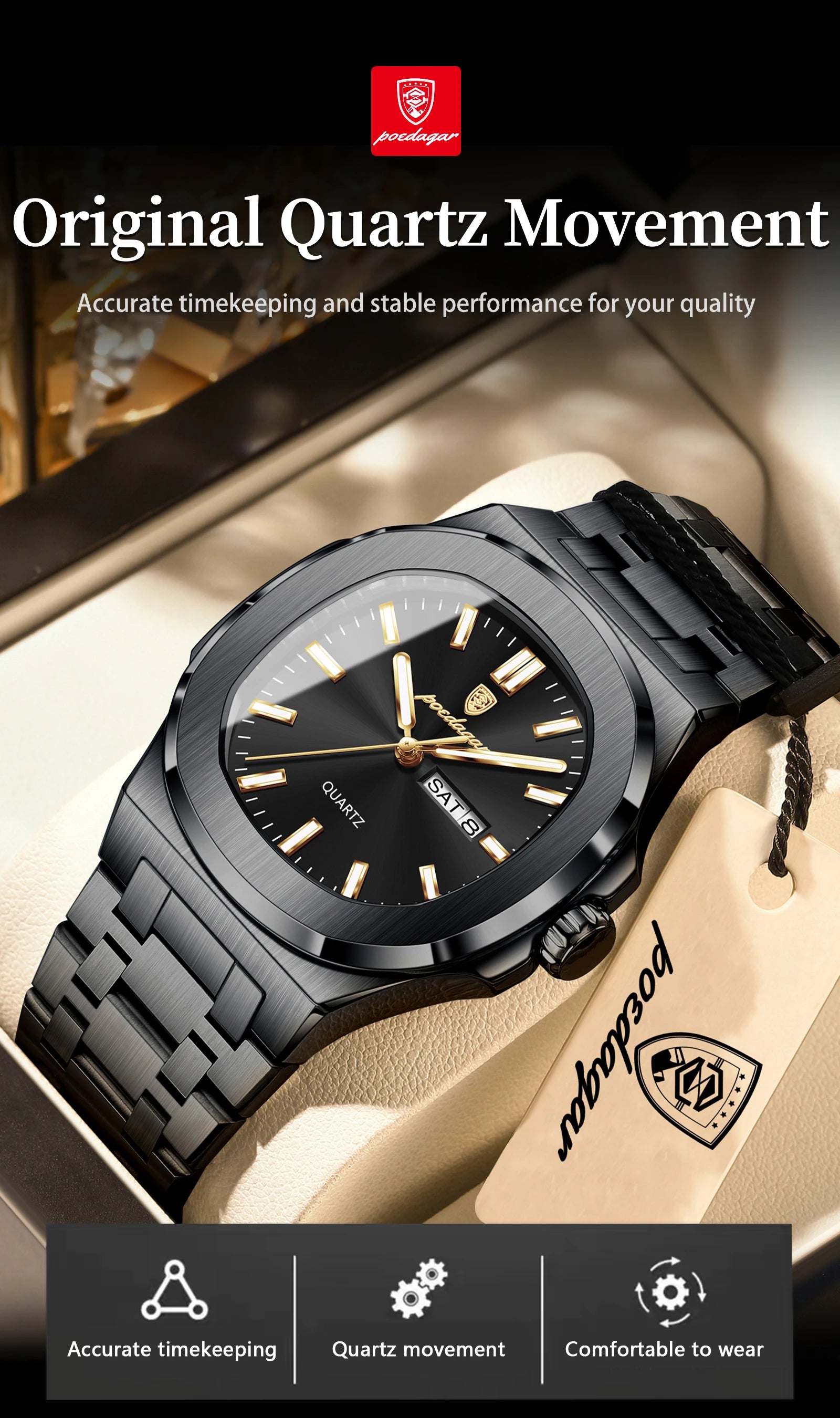 POEDAGAR Square Luxury Men Clock Waterproof Luminous Date Week Quartz Man Wristwatch Stainless Steel Fashion Men's Watches Reloj