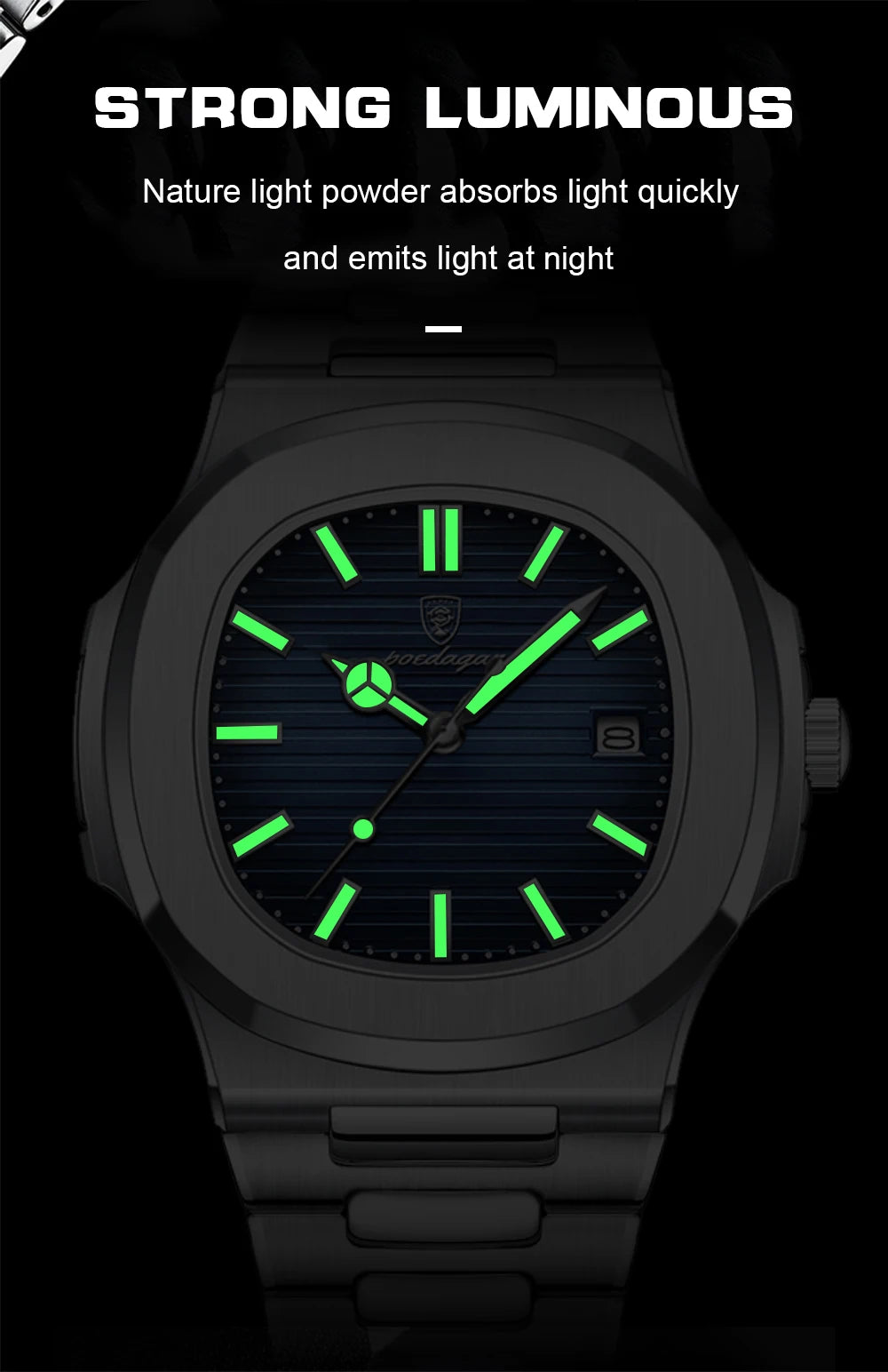 POEDAGAR Luxury Square Men Wristwatch Waterproof Luminous Date Stainless Steel Sports Male Clock Business Quartz Watches For Men