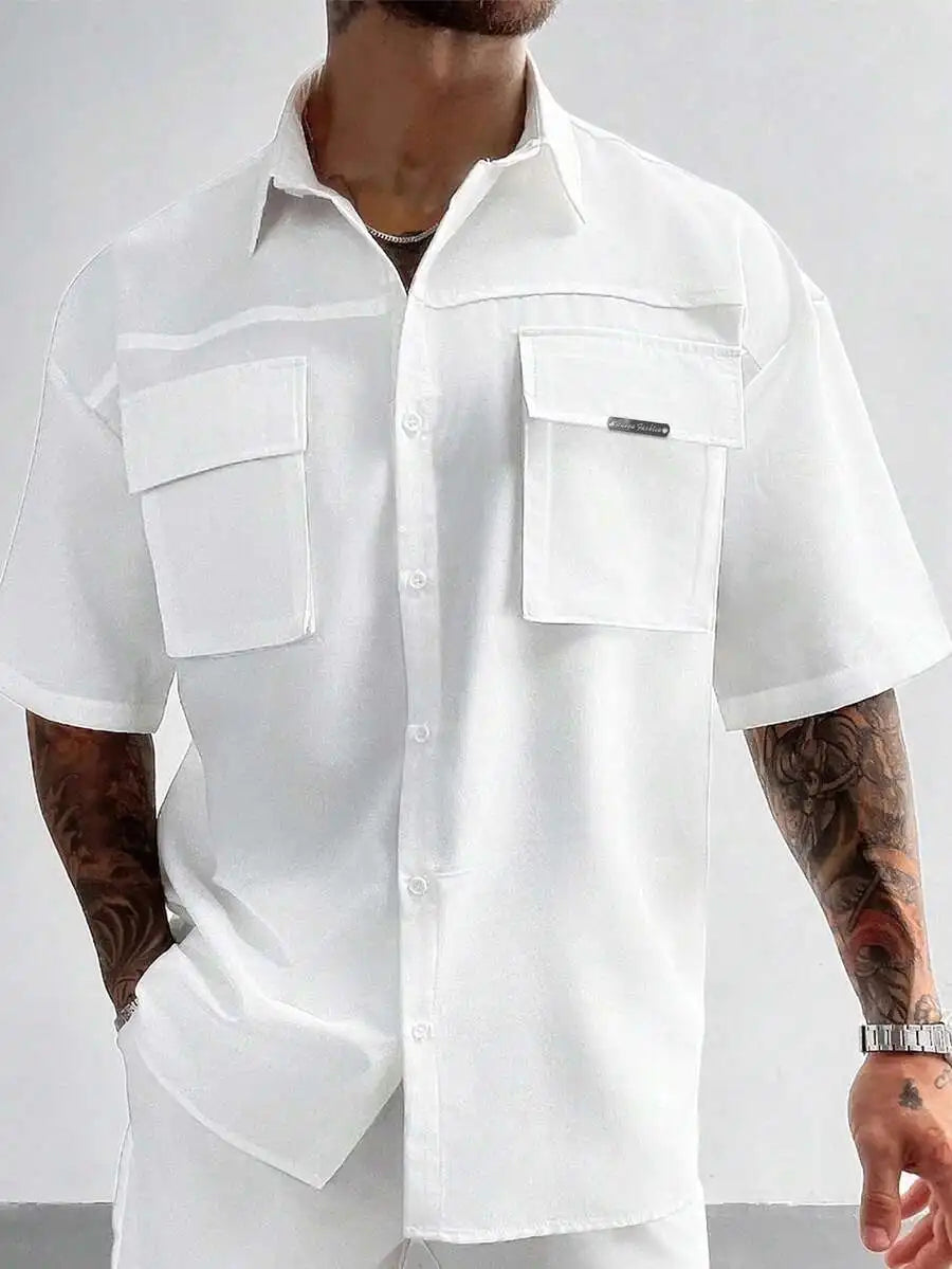 Men's White Short Sleeve Loose Fit Cargo Shirt with Front Pockets