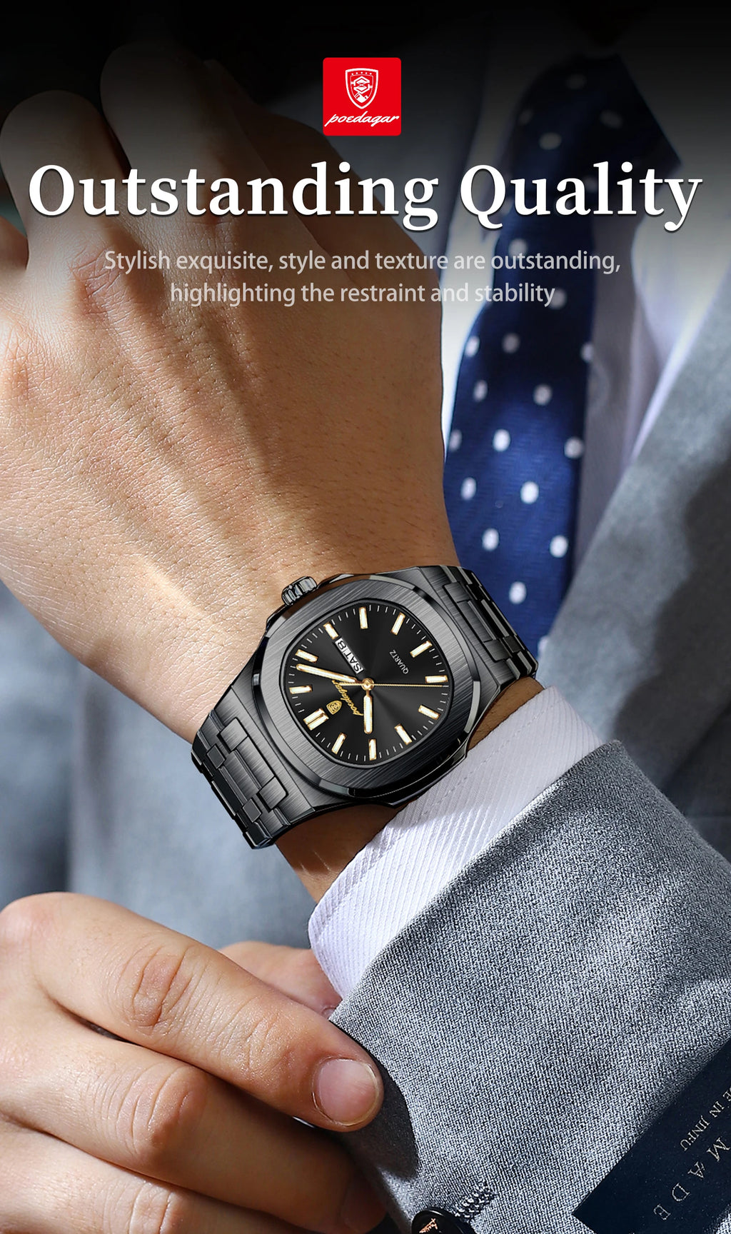 POEDAGAR Square Luxury Men Clock Waterproof Luminous Date Week Quartz Man Wristwatch Stainless Steel Fashion Men's Watches Reloj