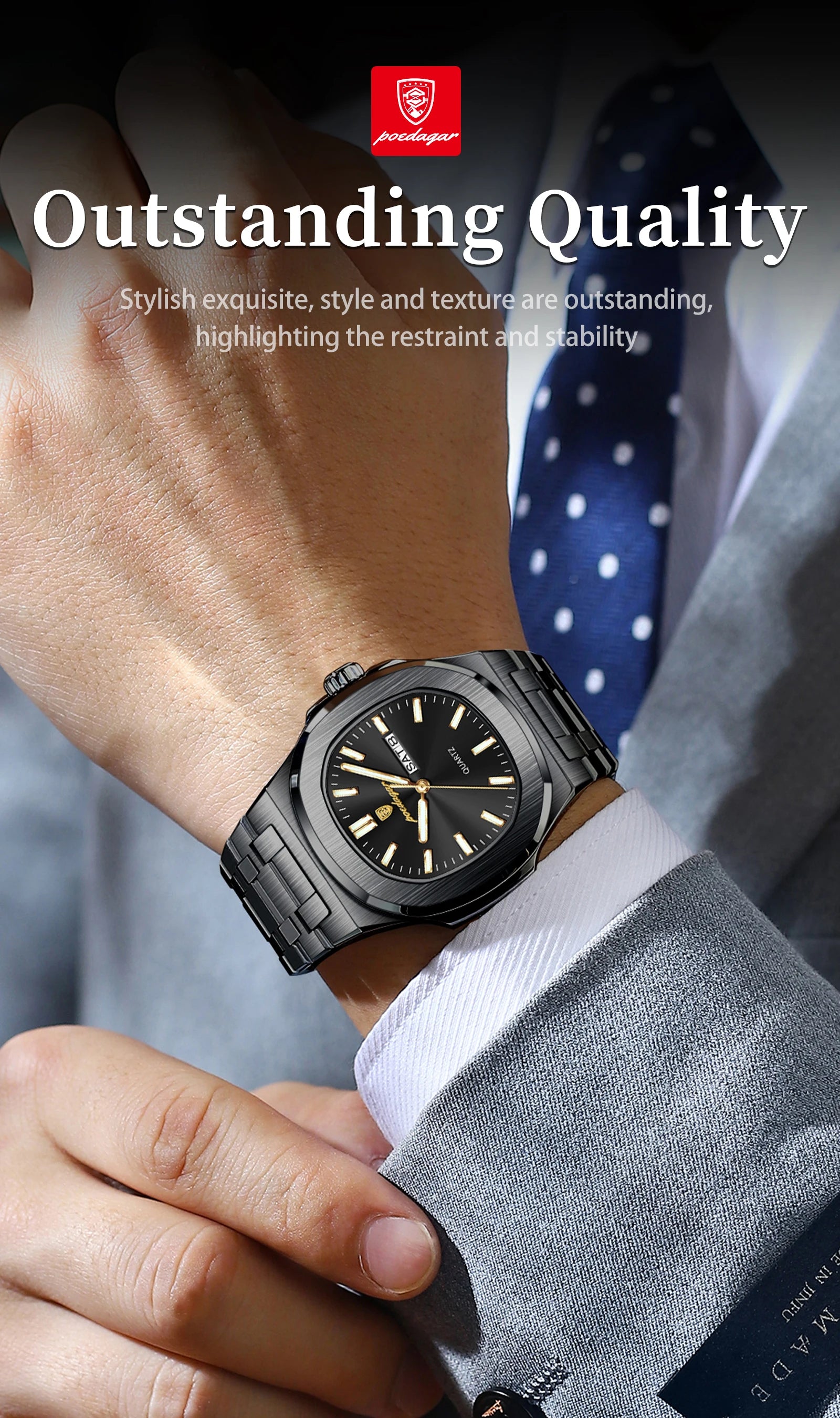 POEDAGAR Square Luxury Men Clock Waterproof Luminous Date Week Quartz Man Wristwatch Stainless Steel Fashion Men's Watches Reloj