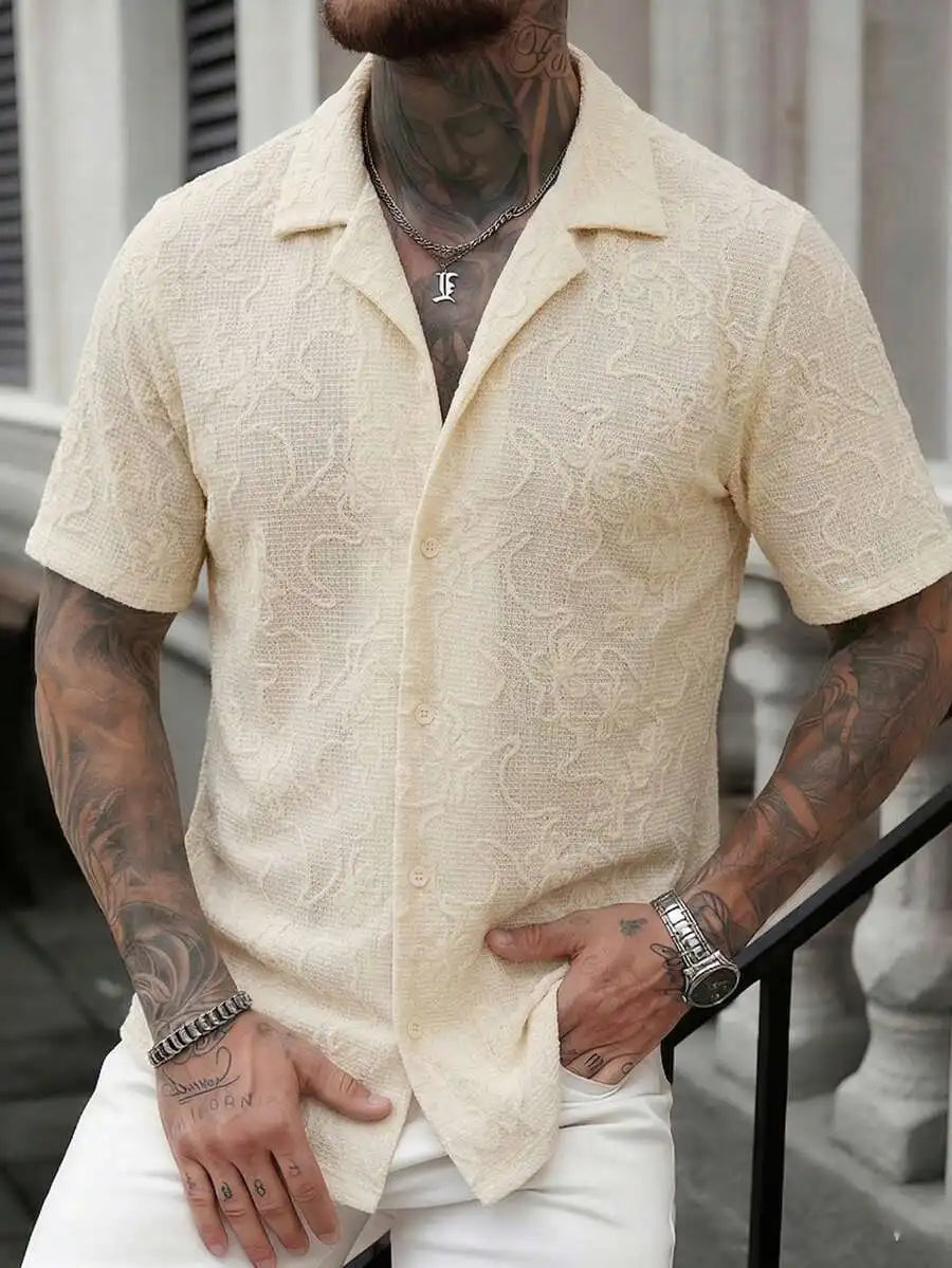 Casual Short Sleeve Knitted Shirt With Turn-Down Collar Geometric Pattern Men