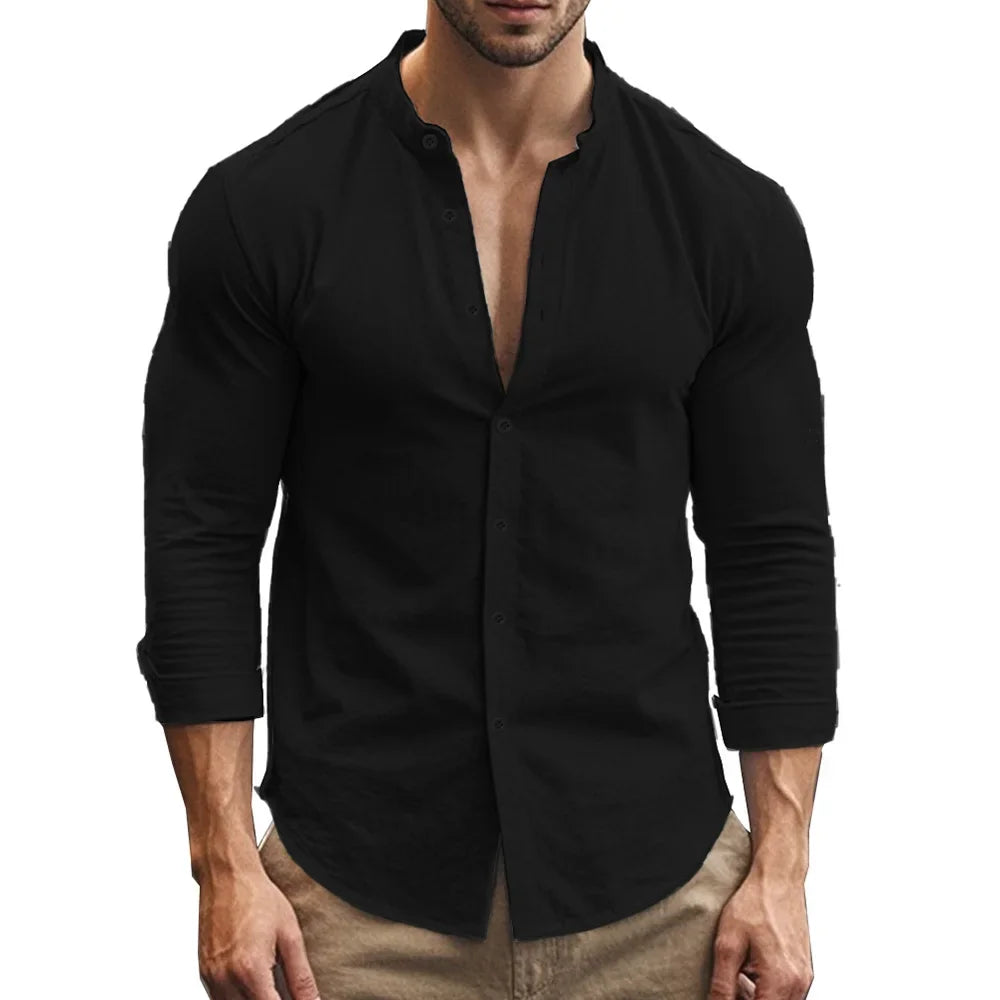 Men's Henry Shirts Cotton Linen Slim Fit Causal Hawaiian Solid Color Basic Style Spring Summer Breathable Men Clothing