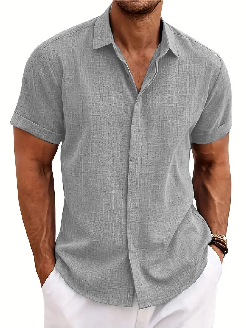 New men's solid color short-sleeved shirt Summer solid color lapel casual beach style cardigan polyester shirt