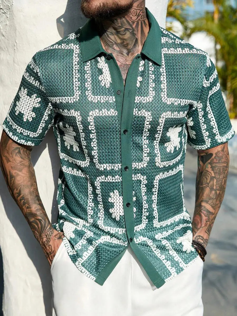Casual Short Sleeve Knitted Shirt With Turn-Down Collar Geometric Pattern Men