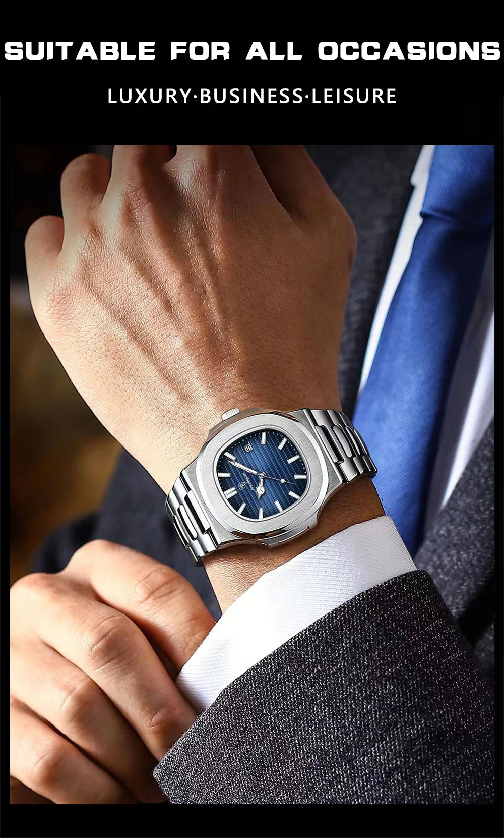 POEDAGAR Luxury Square Men Wristwatch Waterproof Luminous Date Stainless Steel Sports Male Clock Business Quartz Watches For Men