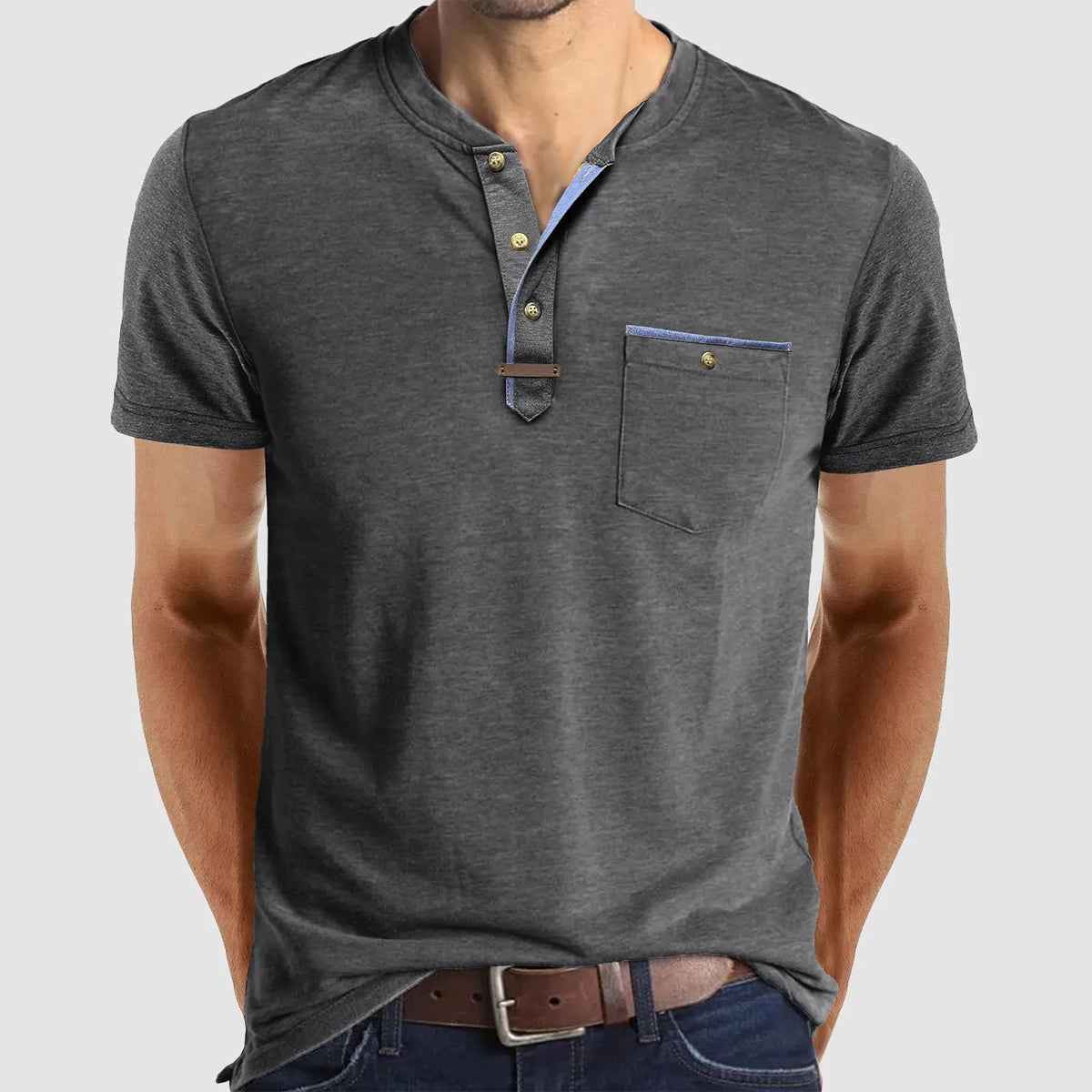 Men'S Short Sleeved T-Shirt Casual Round Neck Button Down Bottoming Shirt With Pocket Pullover Vintage Washed T-Shirt For Male