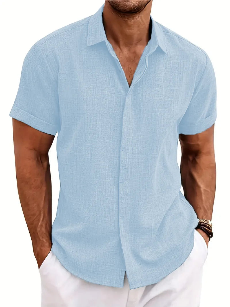 New men's solid color short-sleeved shirt Summer solid color lapel casual beach style cardigan polyester shirt