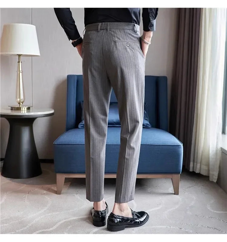 Gray Plaid Suit Pants Men, Fashion Slim Streaks Trousers Korean Navy Blue Pantalones Hombre, 28-32,33,34,36,38 Male Pant