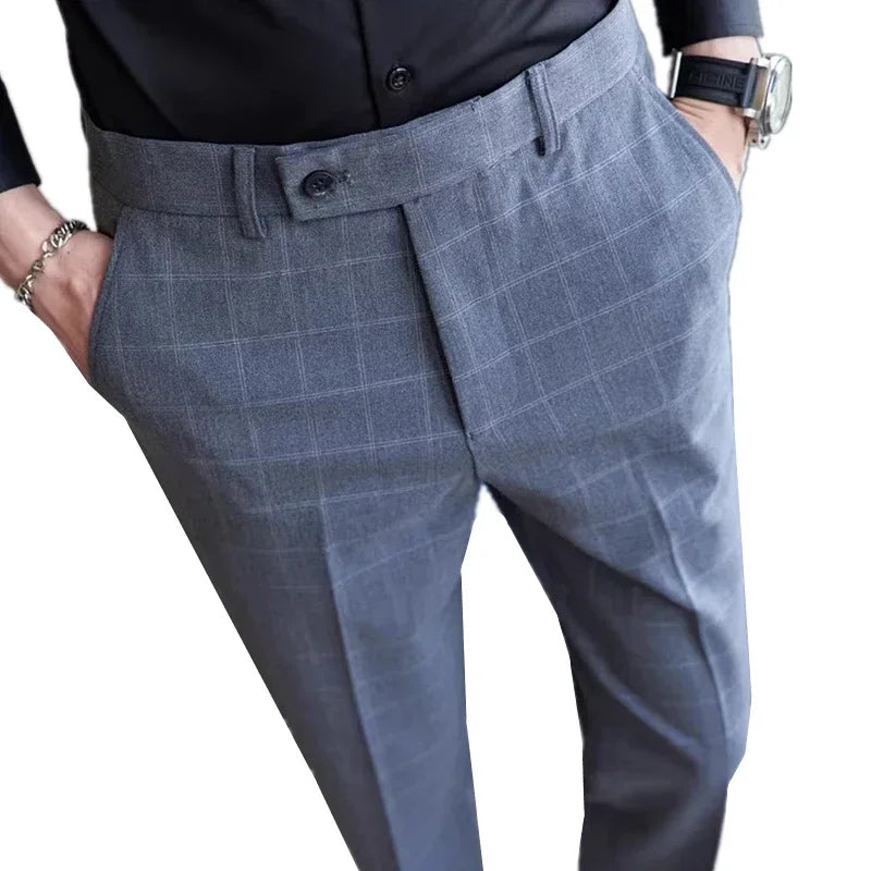Gray Plaid Suit Pants Men, Fashion Slim Streaks Trousers Korean Navy Blue Pantalones Hombre, 28-32,33,34,36,38 Male Pant