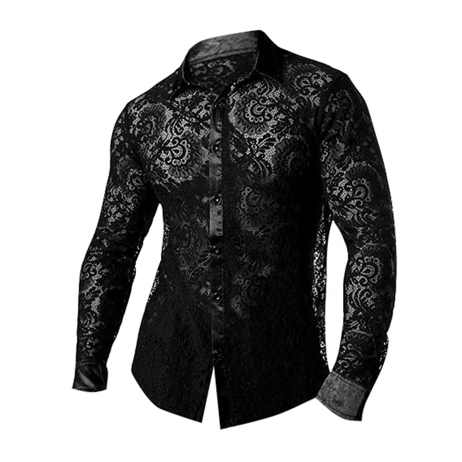 Men'S Foreign Trade Lace Shirt Transparent Sexy Long Sleeve Shirt Disco Party Fashionable Shirt Men'S Short-Sleeved Shirt
