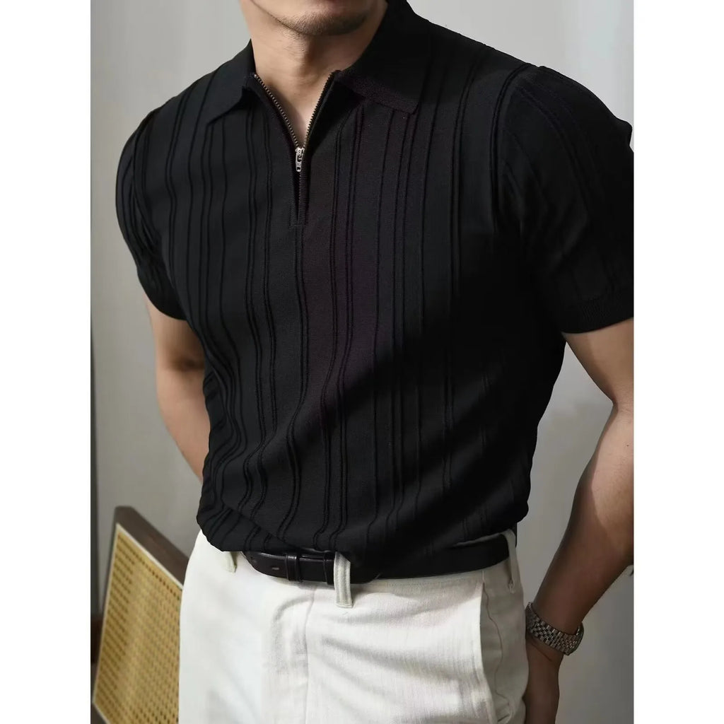 Korean Luxury Slim Soild Retro Tops Tees Clothes Knit Shirts Short Sleeve Quarter Zip Casual T Shirts Retro Camisas De Hombre