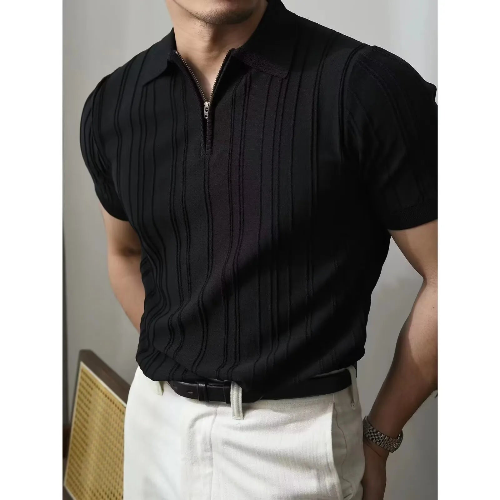 Korean Luxury Slim Soild Retro Tops Tees Clothes Knit Shirts Short Sleeve Quarter Zip Casual T Shirts Retro Camisas De Hombre