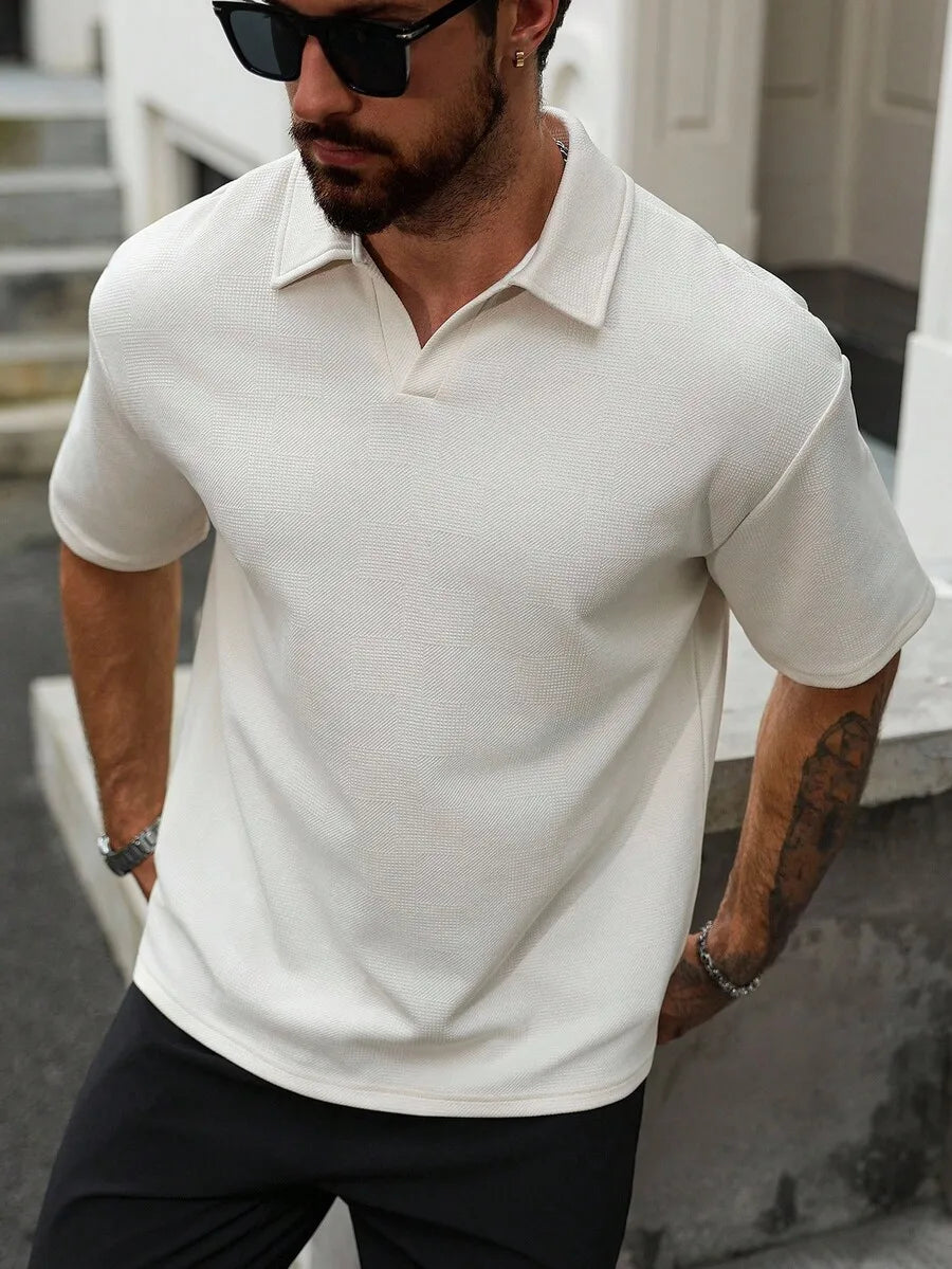 Men's Textured Short Sleeve Casual Polo Shirt in Off-White