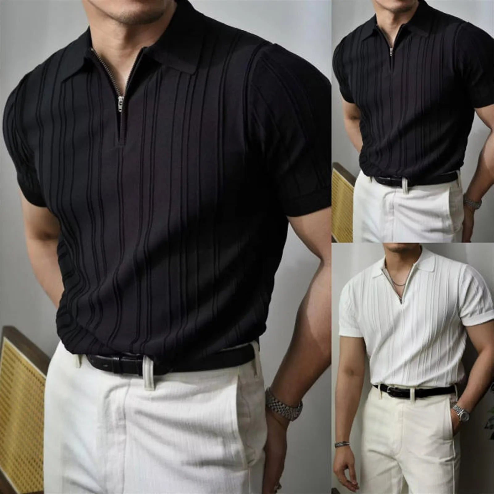 Korean Luxury Slim Soild Retro Tops Tees Clothes Knit Shirts Short Sleeve Quarter Zip Casual T Shirts Retro Camisas De Hombre