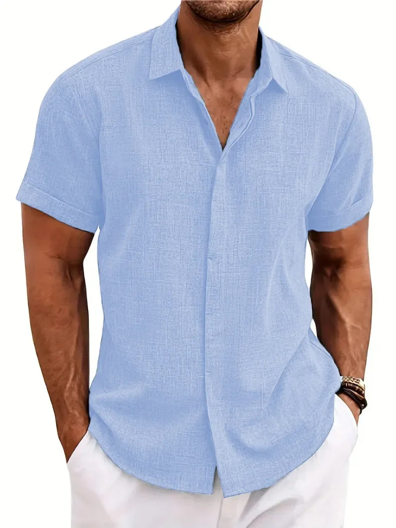 New men's solid color short-sleeved shirt Summer solid color lapel casual beach style cardigan polyester shirt