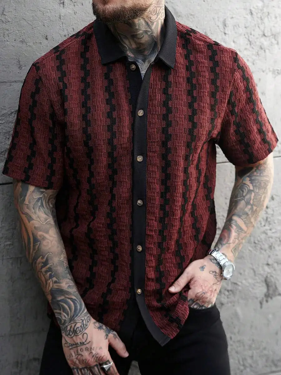 Casual Short Sleeve Knitted Shirt With Turn-Down Collar Geometric Pattern Men